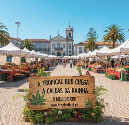 Ilustração de um mercado ao ar livre nas Caldas da Rainha, com uma placa a anunciar a Tropical Bud em primeiro plano.