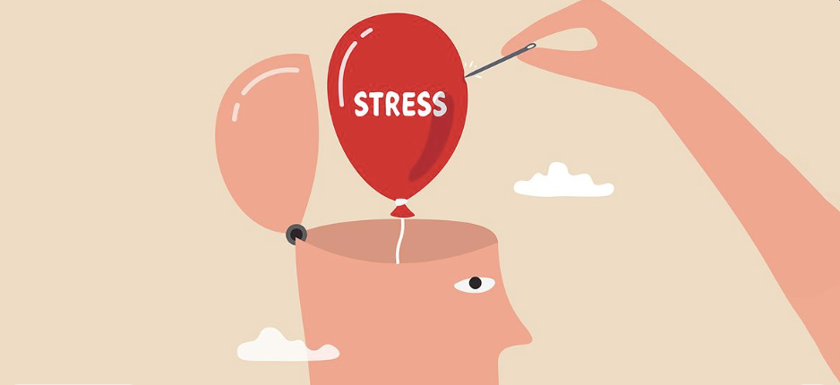 Ilustração de uma cabeça aberta com um balão vermelho marcado «STRESS» e uma mão a aproximar uma agulha.
