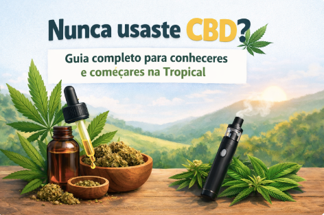 Ilustração com frasco conta-gotas, flores, folhas de cânhamo e um vape, sob o título «Nunca usaste CBD?».
