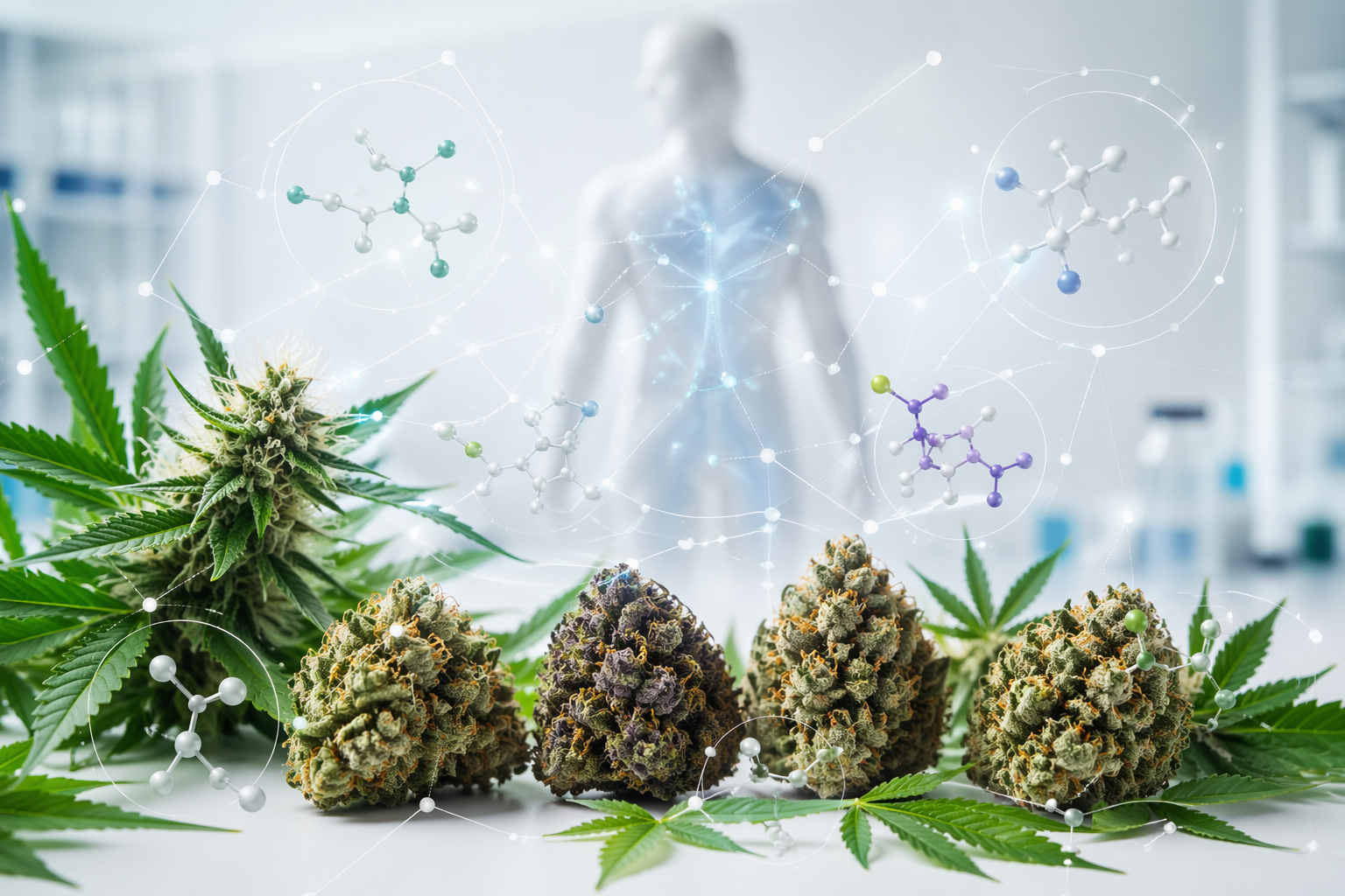 Flores de cânhamo ricas em fitocanabinoides como CBD, CBG e CBN, ilustrando compostos naturais da cannabis e o seu estudo em Portugal.