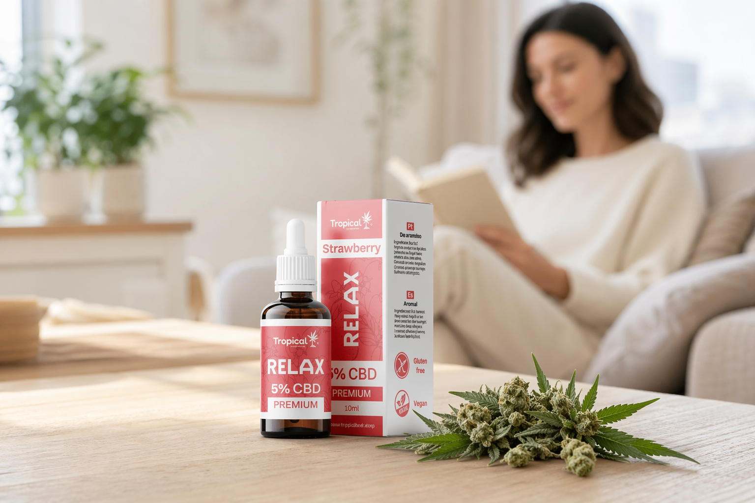 Óleo CBD Relax em frasco com conta-gotas e embalagem sobre mesa de madeira, com folhas de cânhamo ao lado; produto de bem-estar para relaxamento e alívio do stress em ambiente doméstico acolhedor.