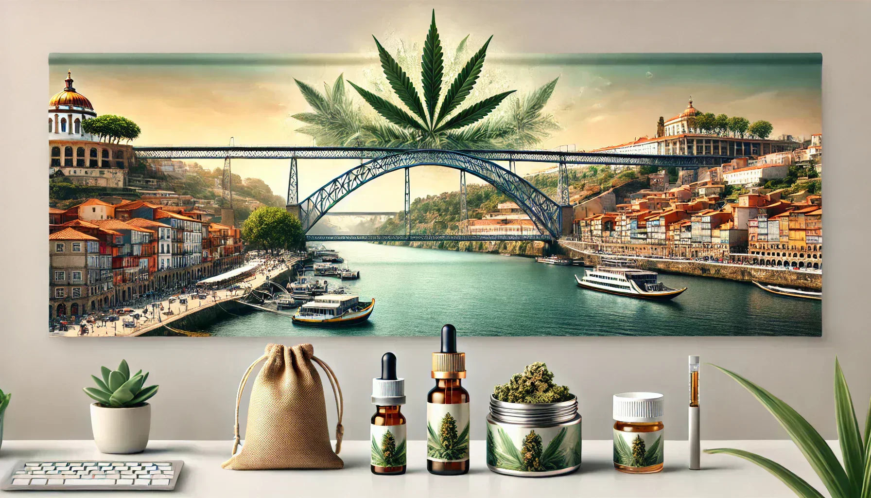 Ilustração com produtos de cânhamo sobre uma secretária e uma paisagem do Porto, do rio Douro e da Ponte Luís I ao fundo.