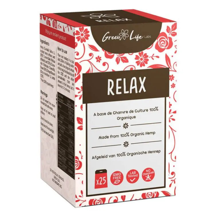 Chá de Cânhamo Relaxante Green Life orgânico THC Free com mistura floral aromática.