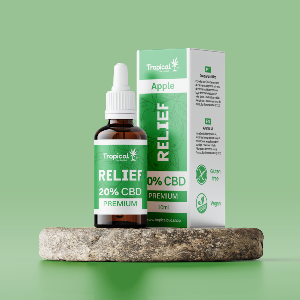 ÓLEO DE CBD RELIEF 20% – TROPICAL BUD PREMIUM MAÇÃ (10ML) com <0,2% THC.