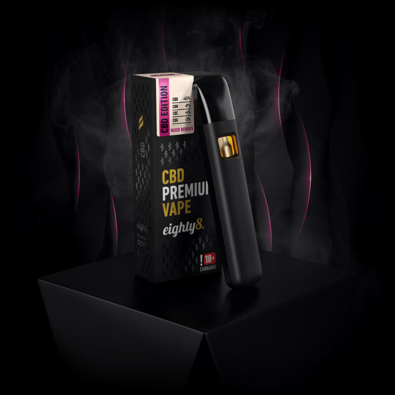 Vape CBD Eighty8 Frutos Silvestres 1ml terpenos naturais. Aroma herbal combinado com notas doces e frescas de mirtilo, framboesa e amora.