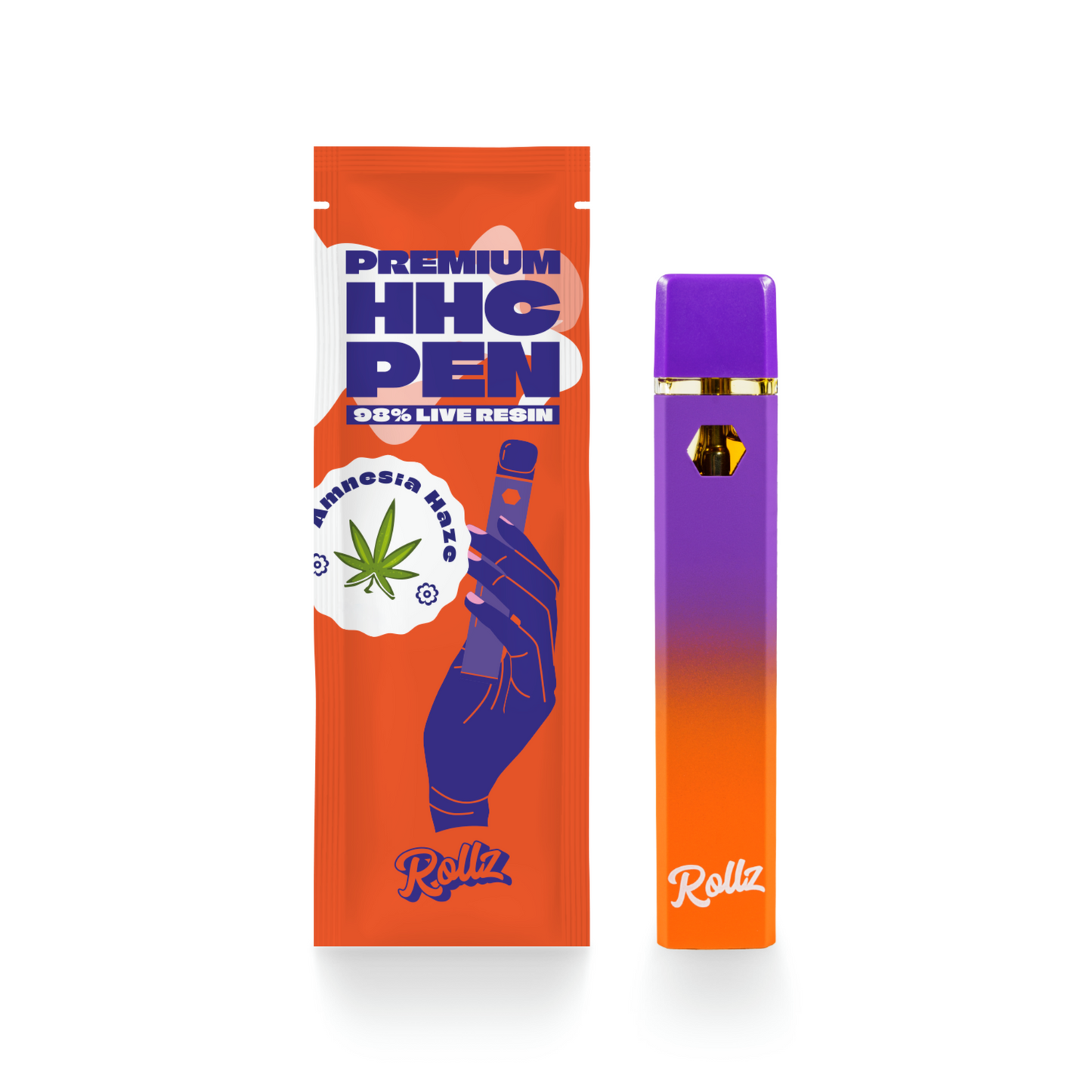 Especificações do Vaporizador HHC 98% Amnesia Rollz – potência, capacidade de 2ml e até 1200 puffs para uso prolongado.