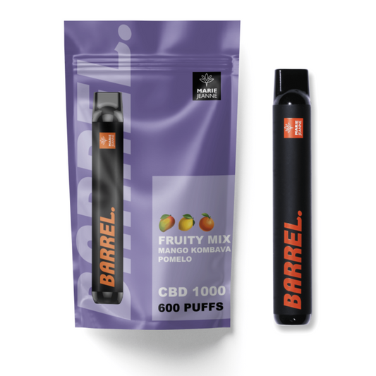 Vaporizador Barrel FRUITY MIX – Vaporizador premium de CBD com até 600 puffs. O melhor vape com mistura de frutas e vapor suave para um relaxamento completo.