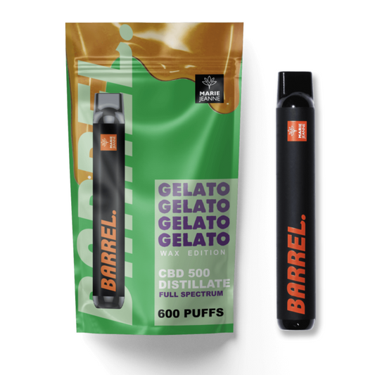 Vaporizador Barrel GELATO CBD – Dispositivo full-spectrum com até 600 puffs, sabor Gelato e canabinóides naturais. Vapor suave e eficaz para relaxamento diário.