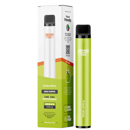 Vape CBD Orange County com 900 puffs, sabor a maçã, 250mg CBD e 250mg CBG em vaporizador de 3ml.