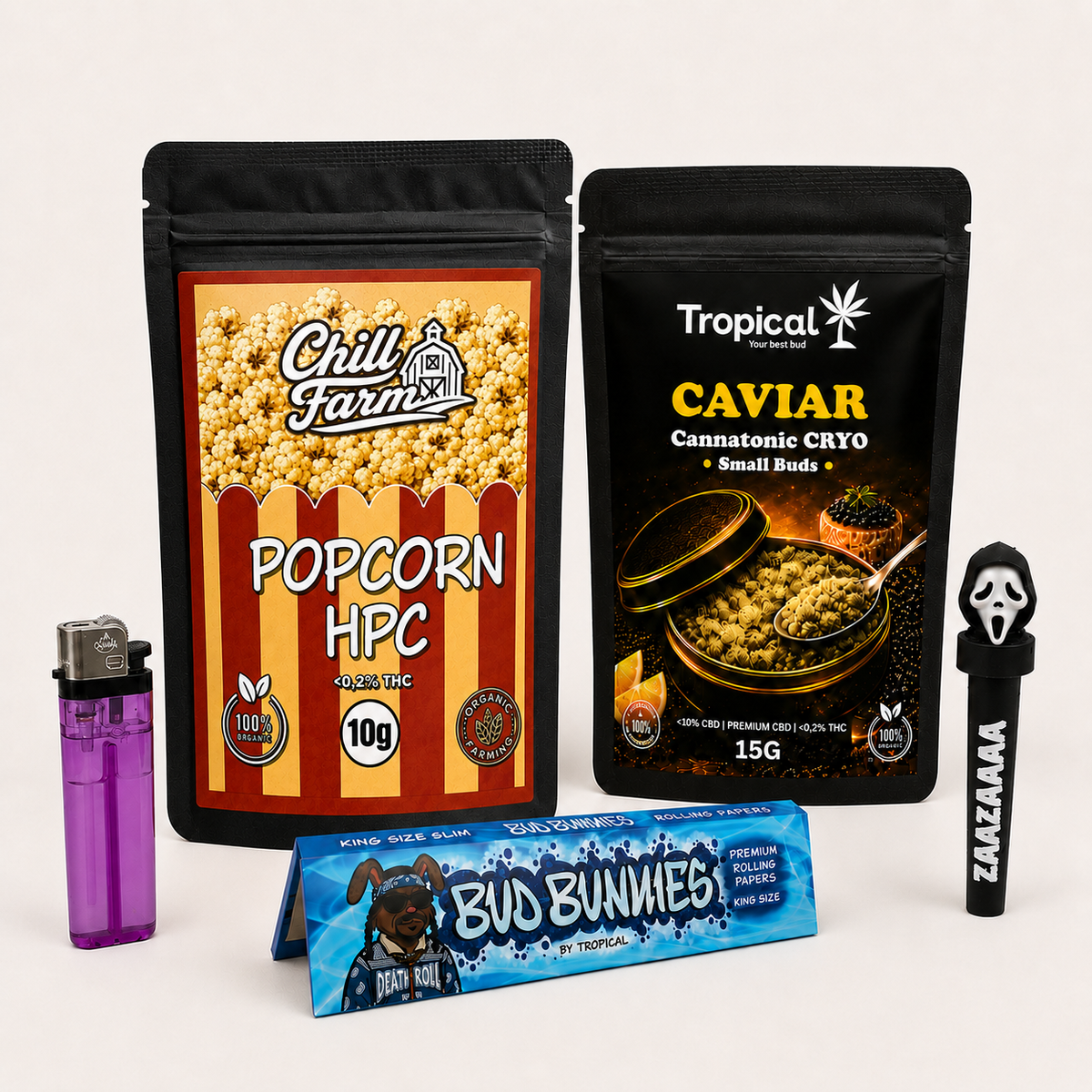 Kit Flores CBD e HPC – Popcorn 10g + Caviar CRYO 15g + Mortalhas, Joint e Isqueiro