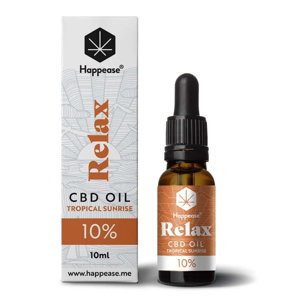 Óleo de CBD RELAX 10% – Happease Tropical Sunrise (10ml). Fórmula para momentos de relaxamento e equilíbrio. <0,2% THC, em conformidade com a legislação da UE.
