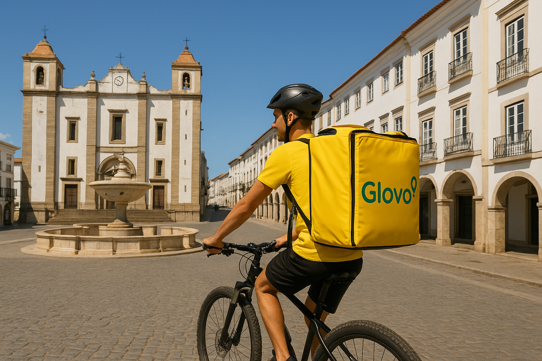 Estafeta da Glovo de bicicleta na Praça do Giraldo, em Évora, com mochila amarela característica da empresa, pedalando em frente à Igreja de Santo Antão num dia ensolarado. 