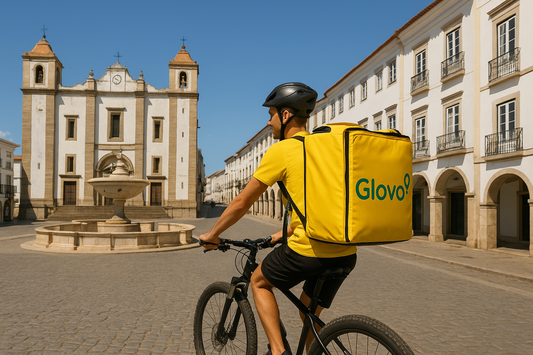 Estafeta da Glovo de bicicleta na Praça do Giraldo, em Évora, com mochila amarela característica da empresa, pedalando em frente à Igreja de Santo Antão num dia ensolarado. 