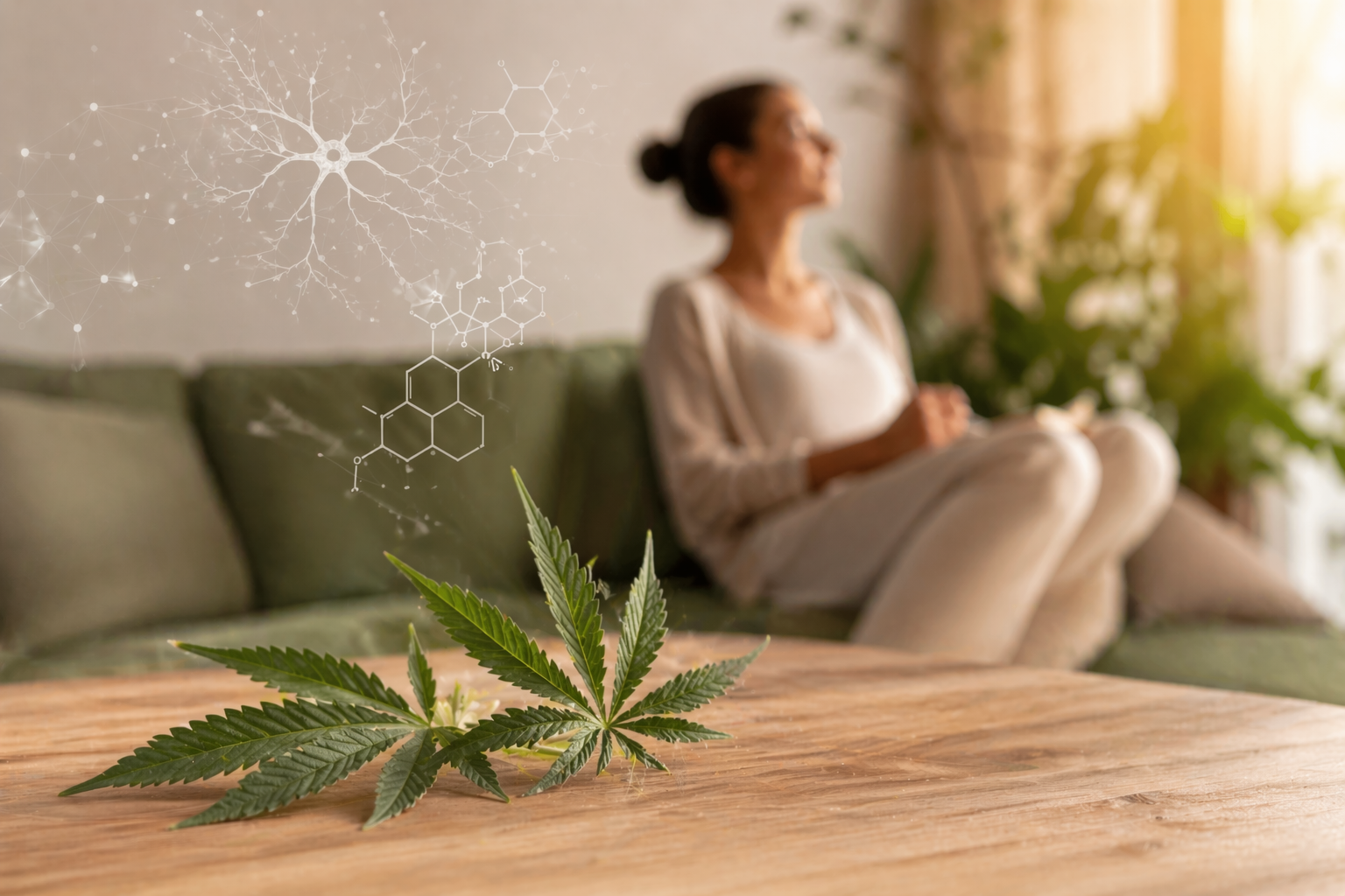 Imagem ilustrativa sobre CBD para iniciantes em Portugal, mostrando folha de cânhamo, bem-estar e compostos naturais associados ao sistema endocanabinoide.