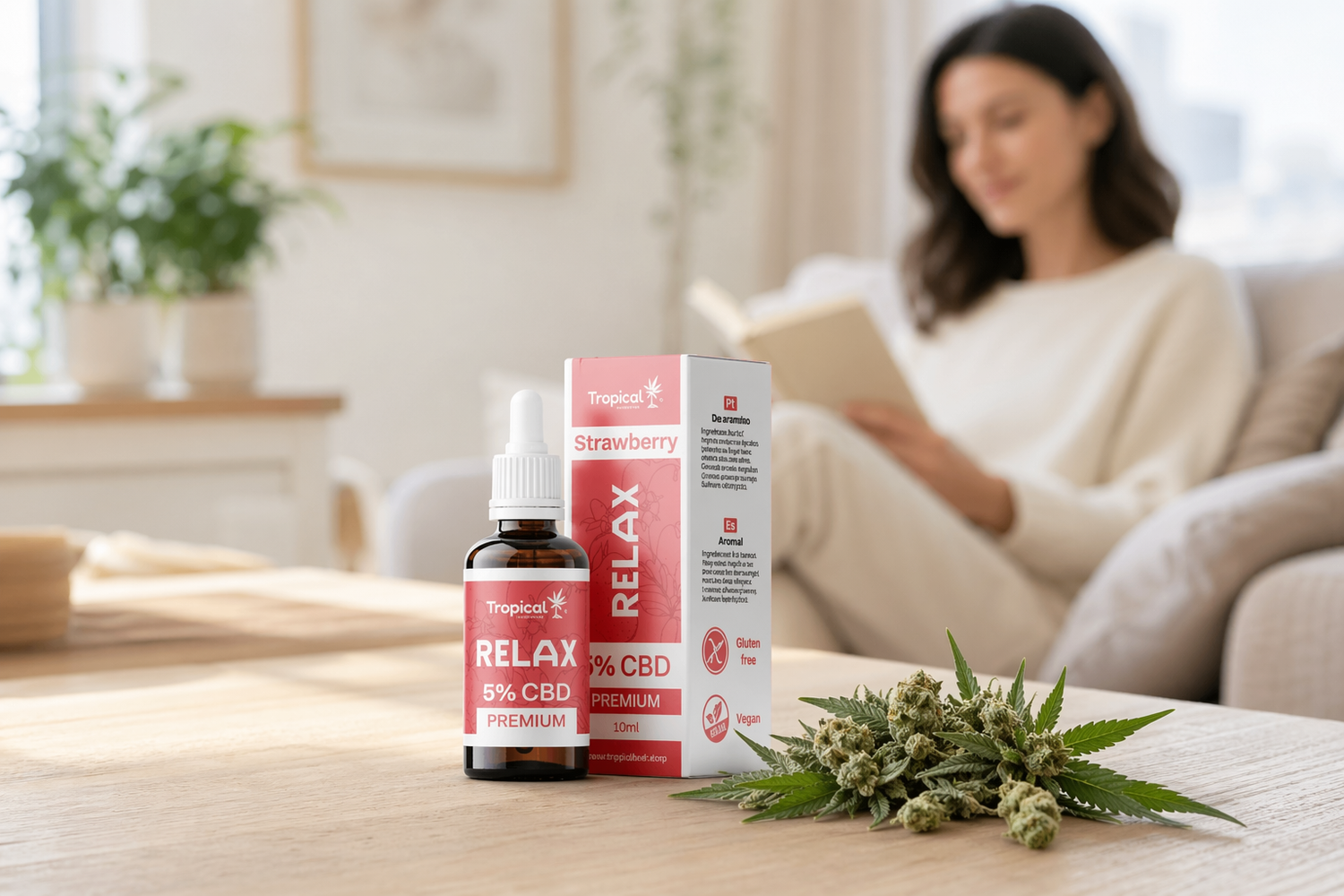 Óleo CBD Relax em frasco com conta-gotas e embalagem sobre mesa de madeira, com folhas de cânhamo ao lado; produto de bem-estar para relaxamento e alívio do stress em ambiente doméstico acolhedor.