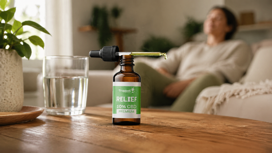 Óleo de CBD Premium ilustrado em ambiente doméstico, representando bem-estar, utilização responsável e informação sobre efeitos secundários do CBD em Portugal.