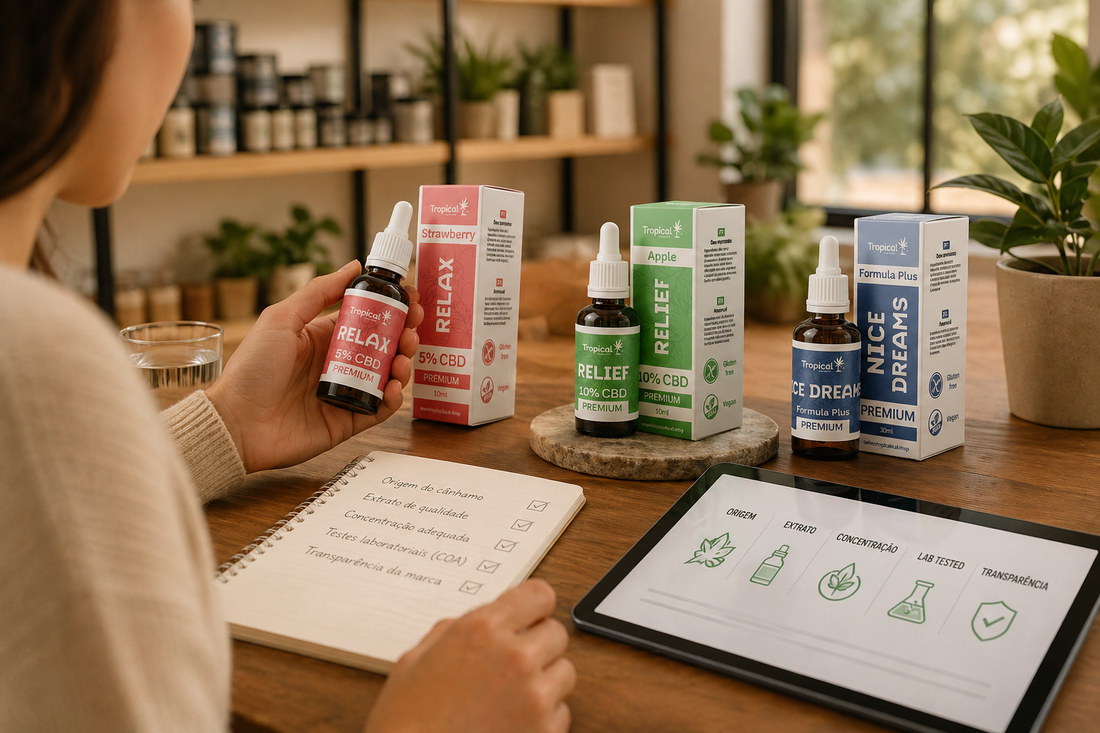 Imagem ilustrativa sobre como escolher óleo de CBD em Portugal, mostrando critérios como origem do cânhamo, concentração, testes laboratoriais e transparência da marca.