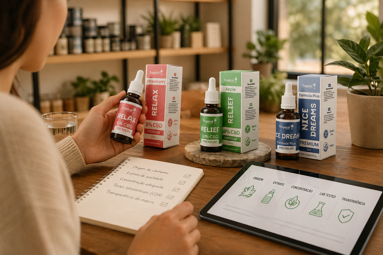 Imagem ilustrativa sobre como escolher óleo de CBD em Portugal, mostrando critérios como origem do cânhamo, concentração, testes laboratoriais e transparência da marca.