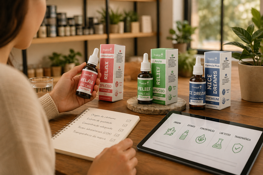 Imagem ilustrativa sobre como escolher óleo de CBD em Portugal, mostrando critérios como origem do cânhamo, concentração, testes laboratoriais e transparência da marca.