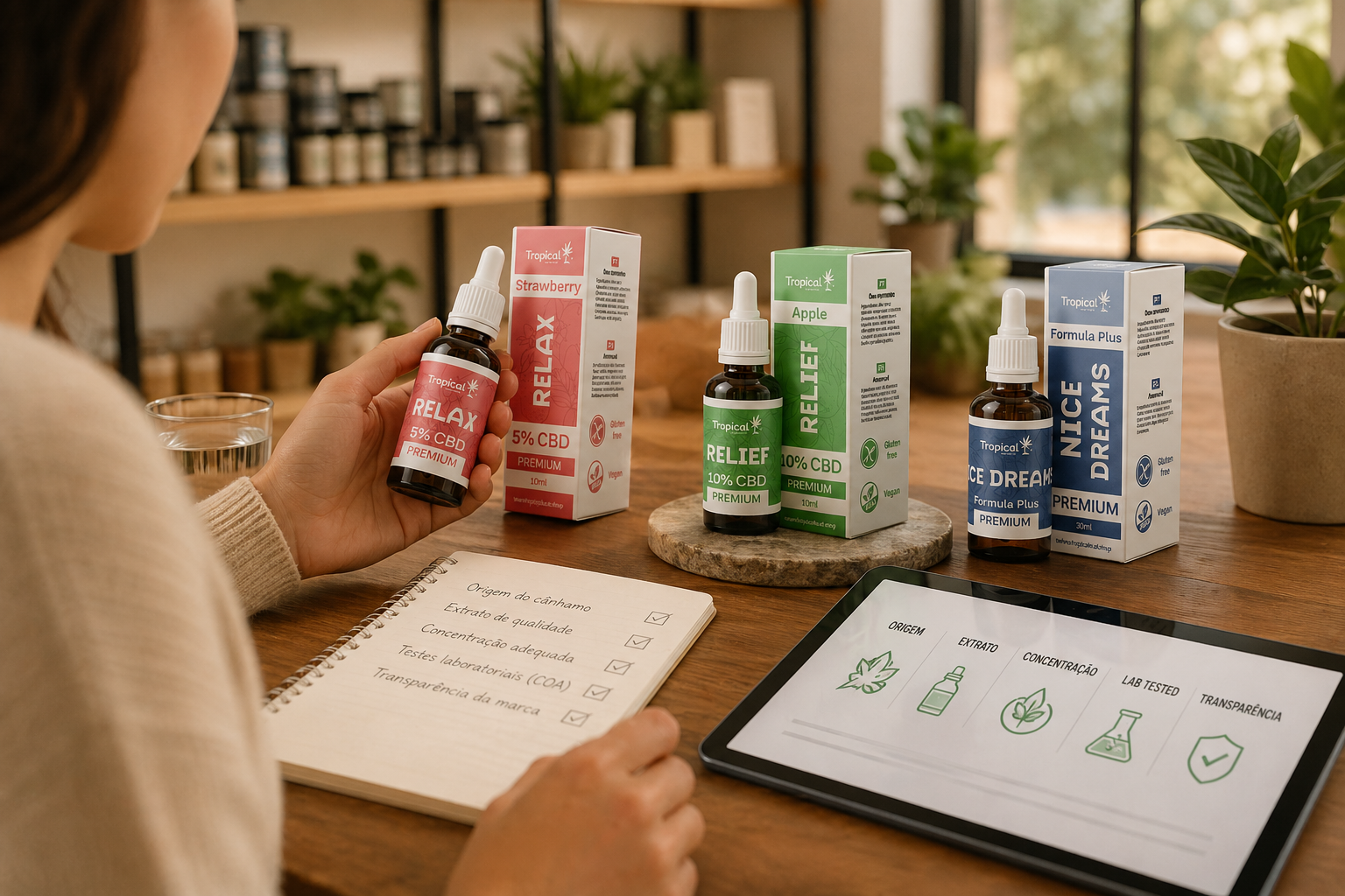 Imagem ilustrativa sobre como escolher óleo de CBD em Portugal, mostrando critérios como origem do cânhamo, concentração, testes laboratoriais e transparência da marca.