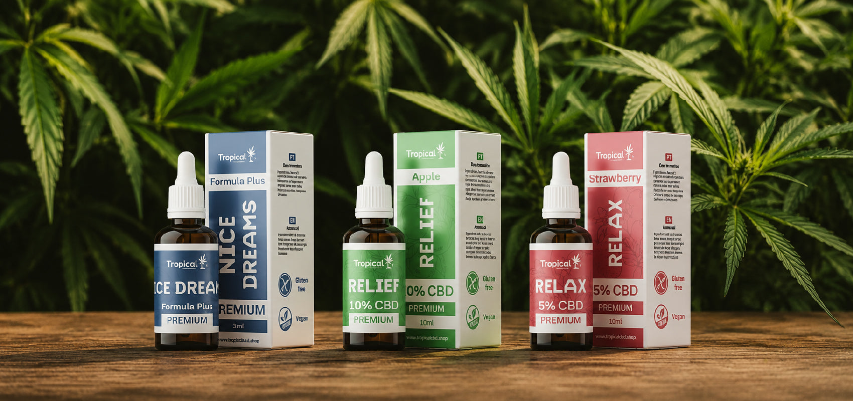 Óleos de CBD Tropical Bud com diferentes concentrações e aromas, derivados de cânhamo industrial certificado (<0,2% THC).