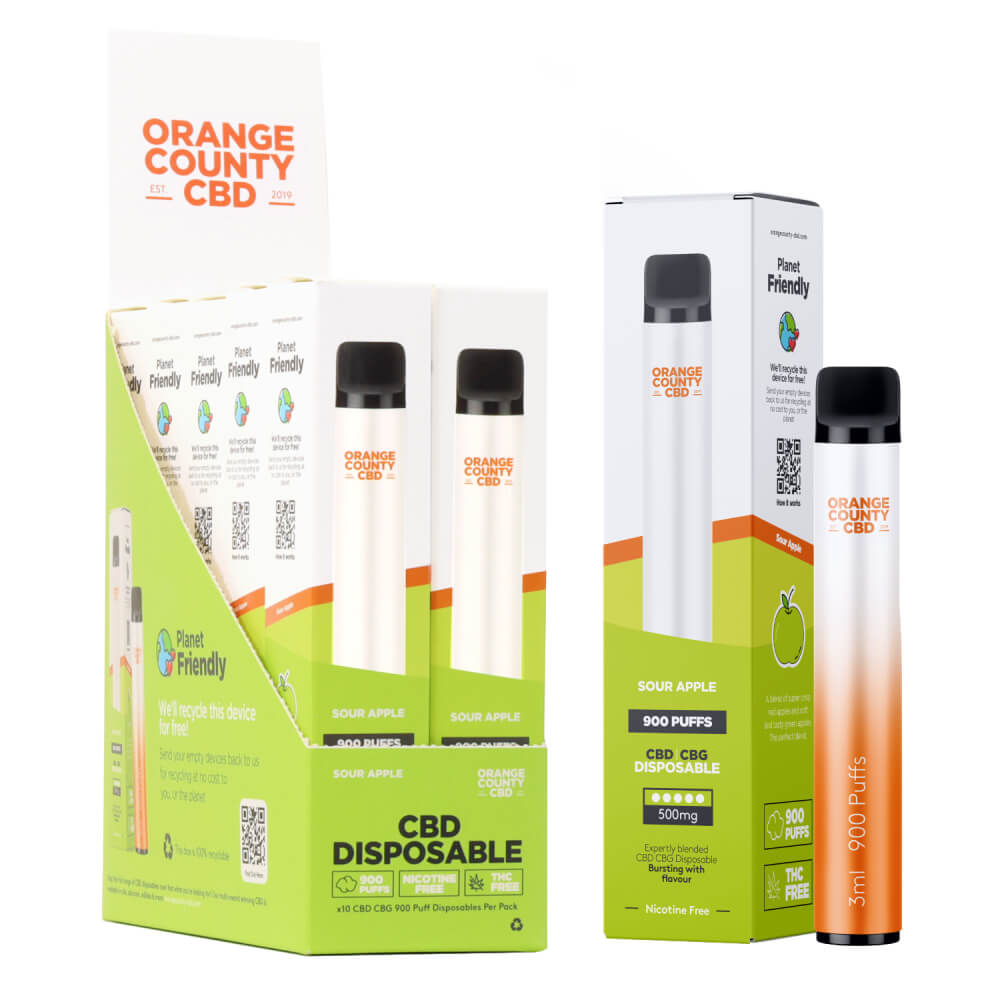Experimenta o Vape CBD Orange County com 900 puffs, sabor a maçã, 250mg CBD e 250mg CBG em vaporizador de 3ml.

