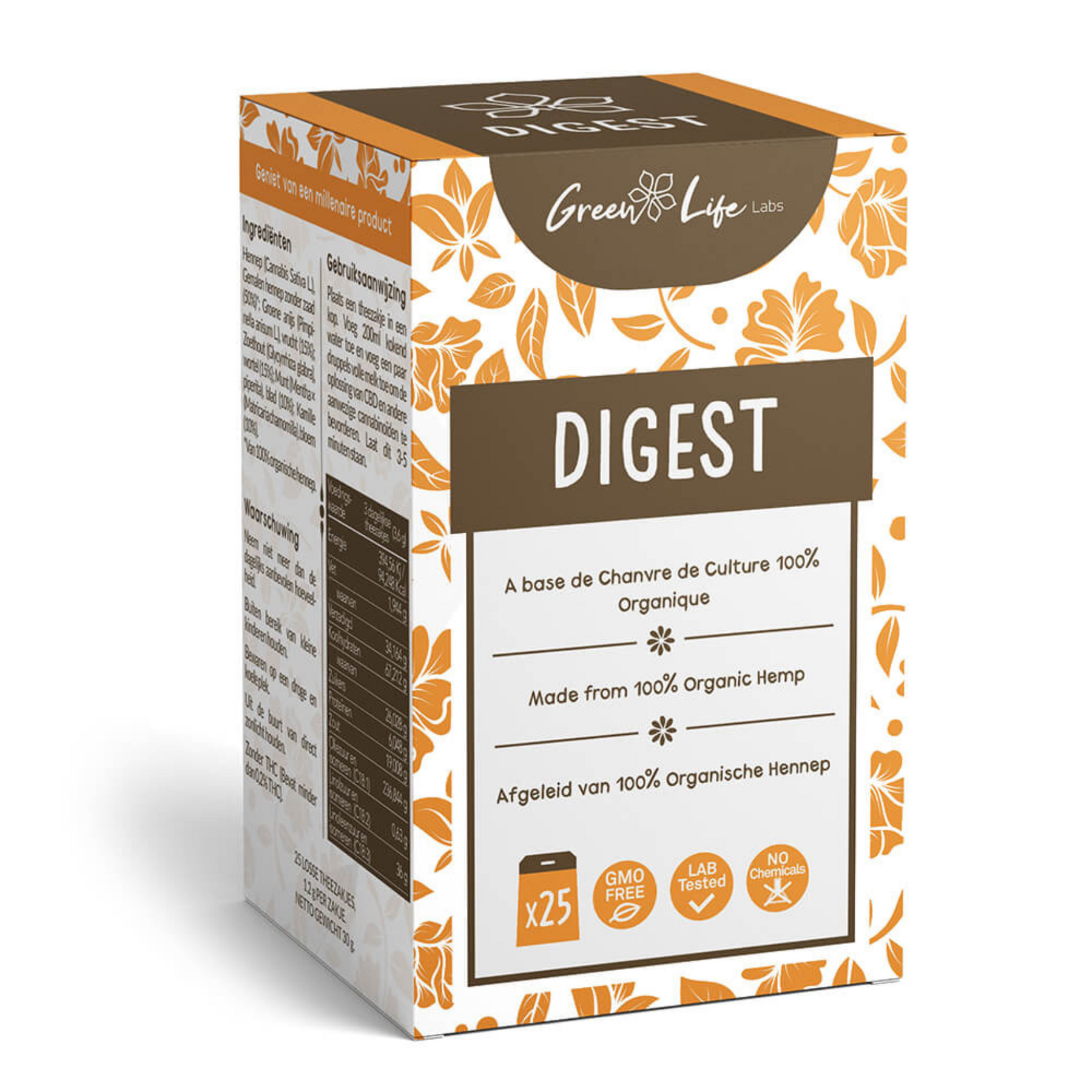 Chá de Cânhamo Digest Green Life orgânico THC Free com mistura de ervas aromáticas tradicionais.
