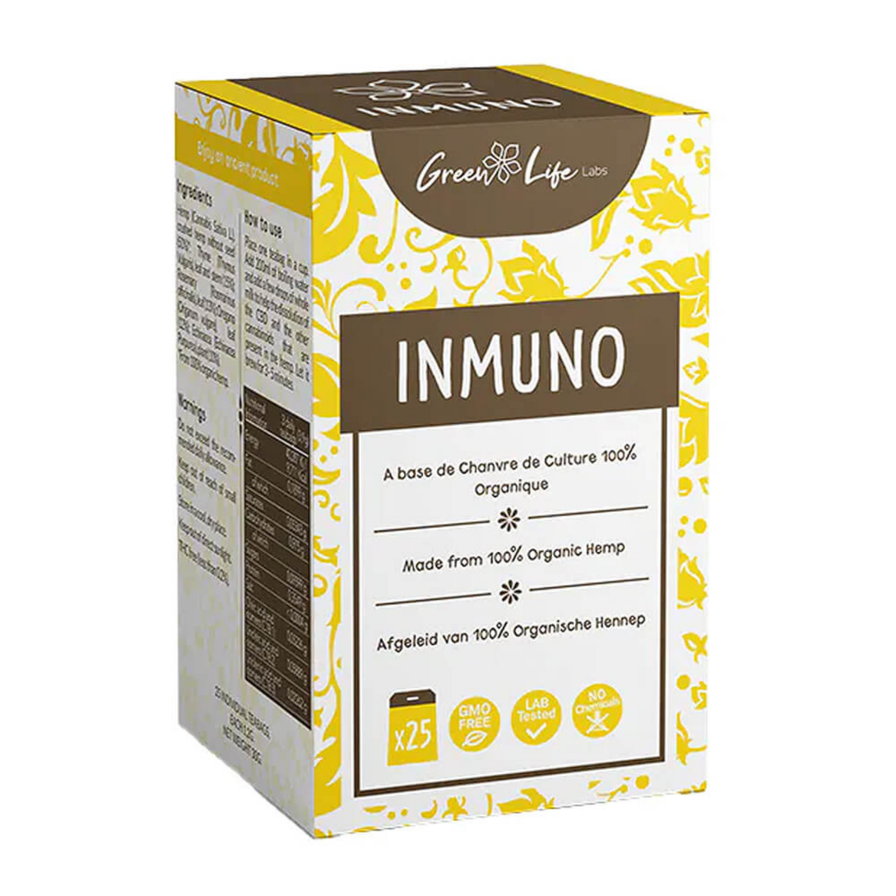 Chá de Cânhamo Imuno Green Life 30g com 25 saquetas, infusão orgânica THC Free sem canabinoides.