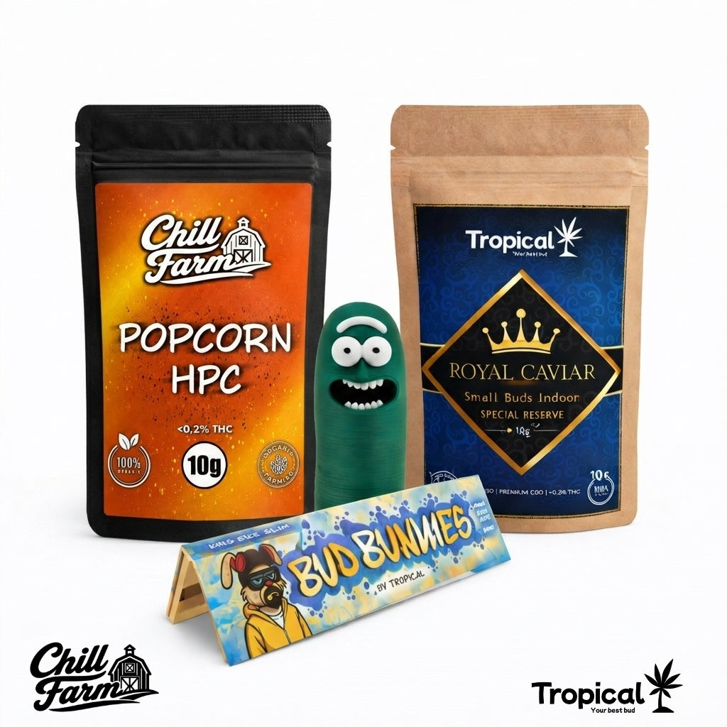 Kit Flores 10g x2 HPC e CBD + Mortalhas + Capa de Clipper- Chill Farm® e Tropical Bud®