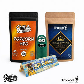 Kit Royal Caviar CBD Indoor 10g + Popcorn HPC 10g + Mortalhas + Capa Clipper - Chill Farm® e Tropical Bud®