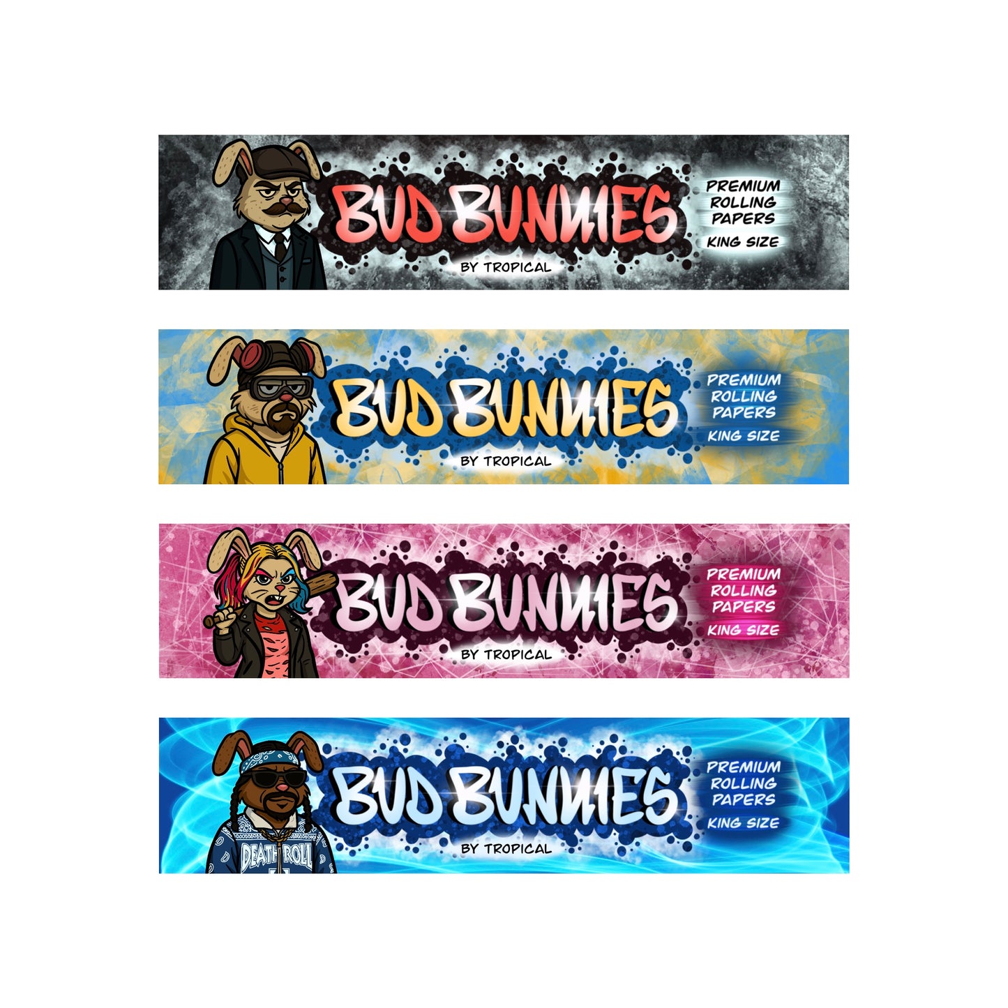 Kit de Mortalhas + Filtros Bud Bunnies By Tropical Bud, a estreia da marca no mundo das mortalhas com um design único e irreverente. Produzidas com papel natural e não branqueado, garantem uma queima suave e consistente. Disponíveis em quatro edições especiais: Breaking, Peaky, Snoop e Harley Bunnies, são perfeitas para quem gosta de qualidade e originalidade em cada detalhes