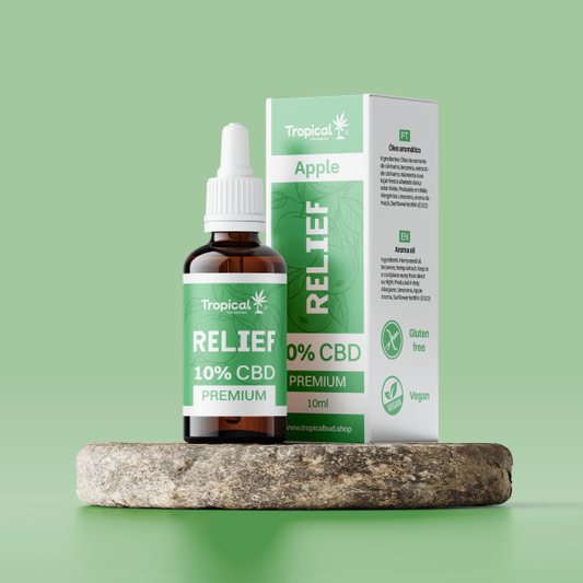 ÓLEO DE CBD RELIEF 10% – TROPICAL BUD PREMIUM MAÇÃ (10ML) com <0,2% THC. 