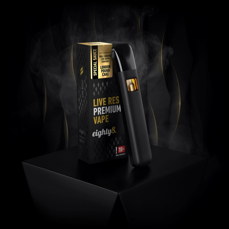 Vape CBD Eighty8 London Pound Cake Live Resin 0.5ml. Perfil herbal com notas doces e cremosas
