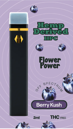 Vape HPC Flower Power Berry Kush 2ml THC-FREE com aroma floral e herbal de cannabis (cânhamo industrial), design compacto e discreto.
