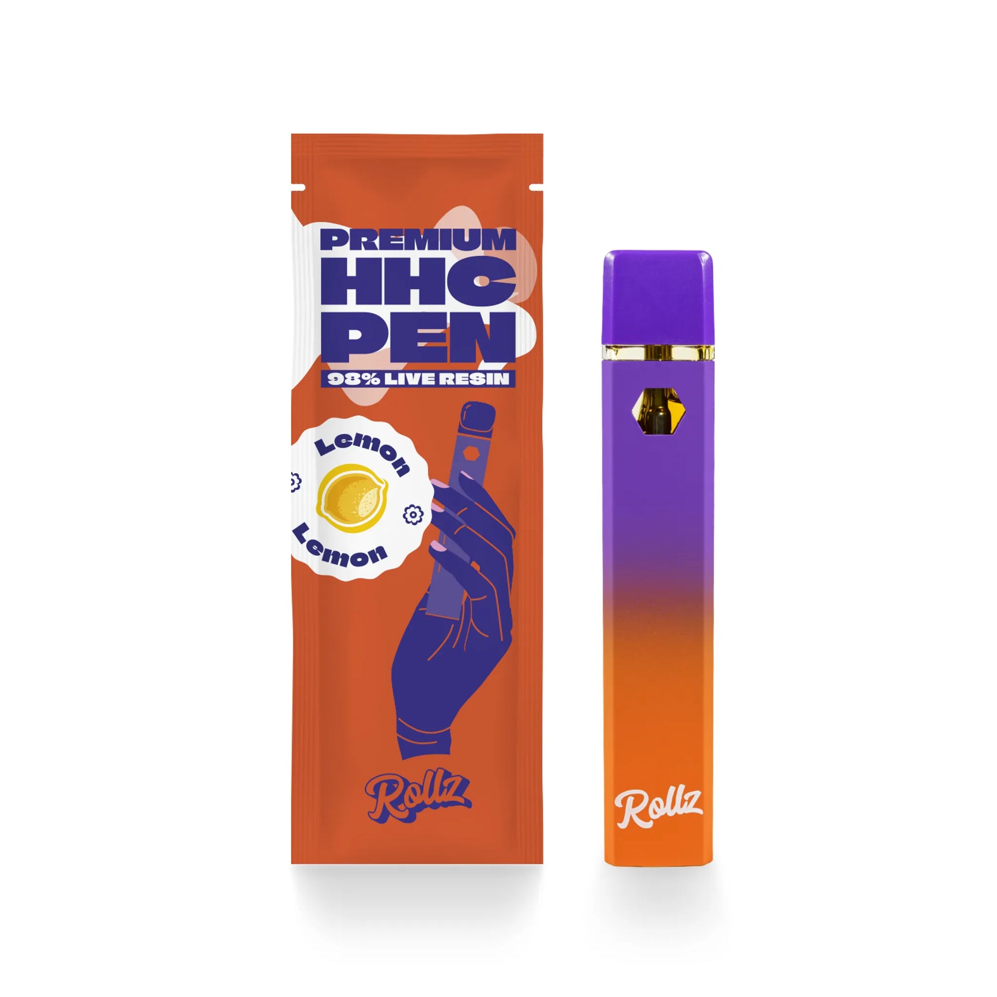 Especificações do Vaporizador HHC 98% Limão Rollz – potência, capacidade de 2ml e até 1200 puffs para uso prolongado.