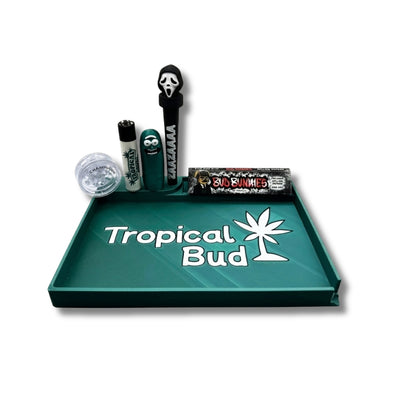 Kit Tropical Bud Yabuleiro + Porta Isqueiro + Tubo + Grinder + Isqueiro + Mortalha