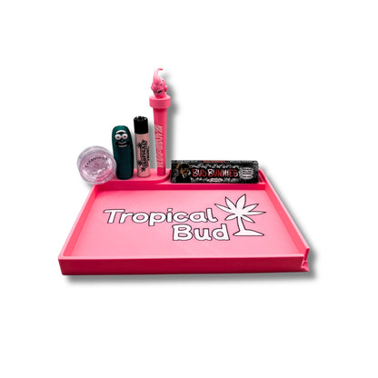 Kit Tropical Bud Yabuleiro + Porta Isqueiro + Tubo + Grinder + Isqueiro + Mortalha