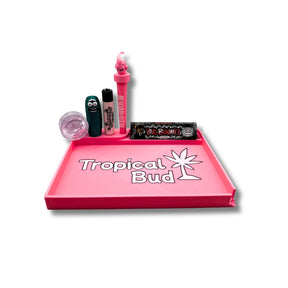 Kit Tropical Bud Tabuleiro + Porta Isqueiro + Tubo + Grinder + Isqueiro + Mortalha