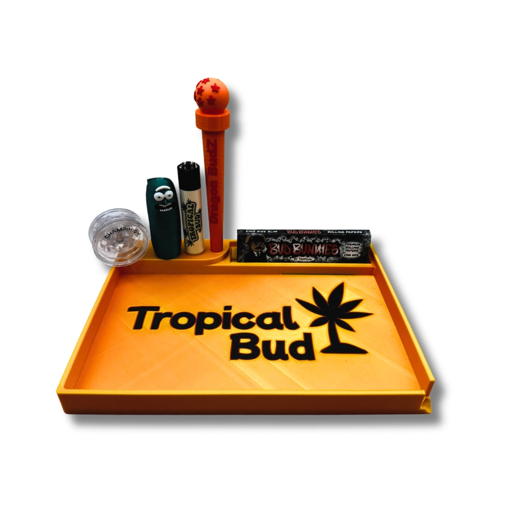 Kit Tropical Bud Yabuleiro + Porta Isqueiro + Tubo + Grinder + Isqueiro + Mortalha