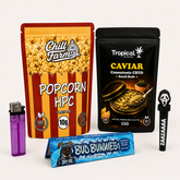 Kit Flores CBD e HPC – Popcorn 10g + Caviar CRYO 15g + Mortalhas, Joint e Isqueiro