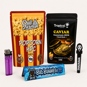 Kit Flores CBD e HPC – Popcorn 10g + Caviar CRYO 15g + Mortalhas, Joint e Isqueiro