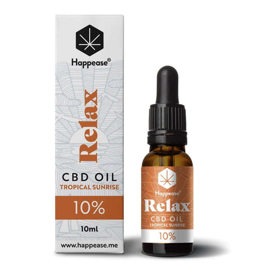 Óleo de CBD 10% Happease Tropical Sunrise 10ml. Fórmula para momentos de relaxamento e equilíbrio. <0,2% THC, em conformidade com a legislação da UE.