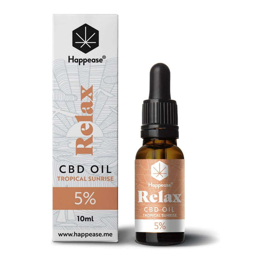 Óleo de CBD 5% Happease Tropical Sunrise 10ml com <0,2% THC. Fórmula inspirada em estudos científicos sobre equilíbrio e ritmo biológico 