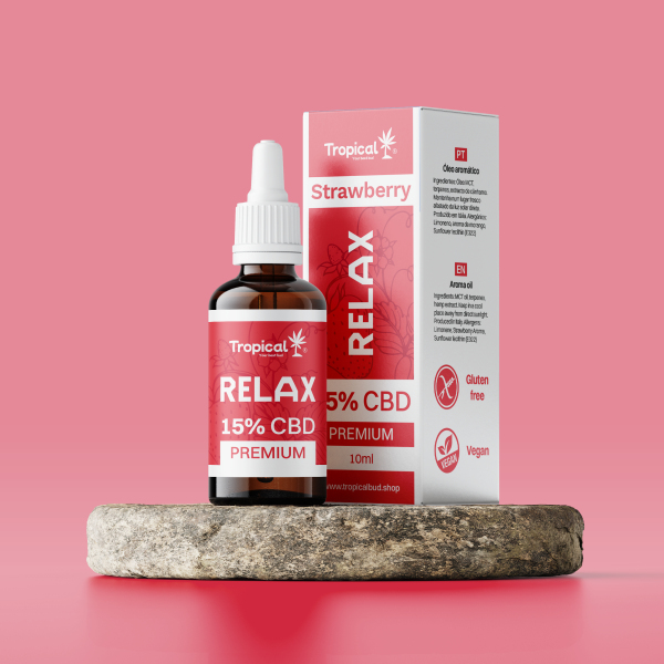 Óleo de CBD RELAX 15% Tropical Bud Premium Morango 10ml com <0,2% THC. 