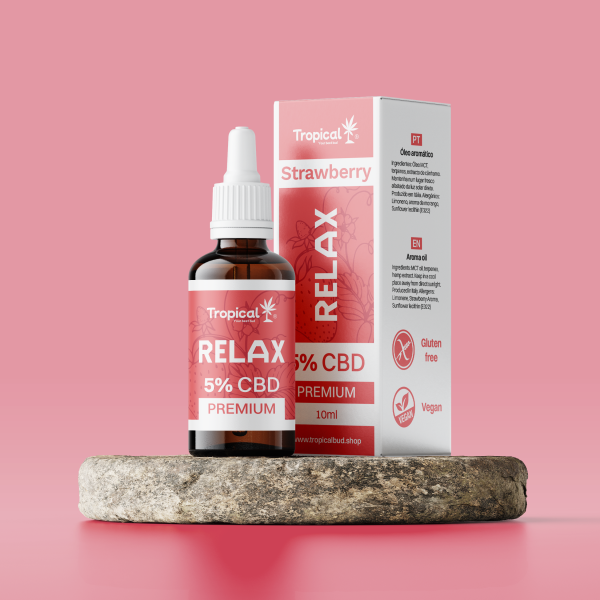 Óleo de CBD RELAX 5% - Tropical Bud Premium Morango (10ml) com <0,2% THC.
