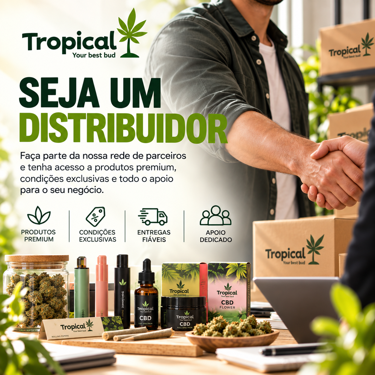 Banner Seja um distribuidor Tropical Bud, com aperto de mão, caixas da marca e seleção de produtos sobre uma mesa.